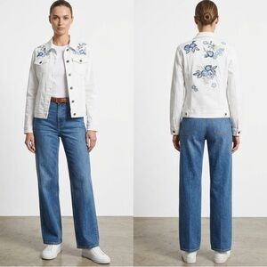 Driftwood Geena Floral Embroidered White Denim Jacket In Blue Floral Size Large